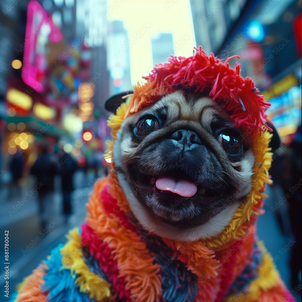 Pug Wearing Colorful Costume in Festive Street Pug Wearing Colorful Costume in Festive Street