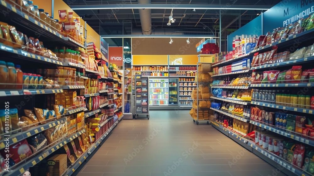 A supermarket with lots of goods on the shelves A supermarket with lots of goods on the shelves