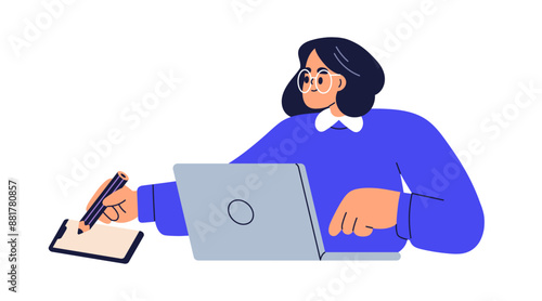 Business woman at laptop. Female employee taking notes with pencil, writing on paper. Entrepreneur working, studying at notebook computer. Flat vector illustration isolated on white background