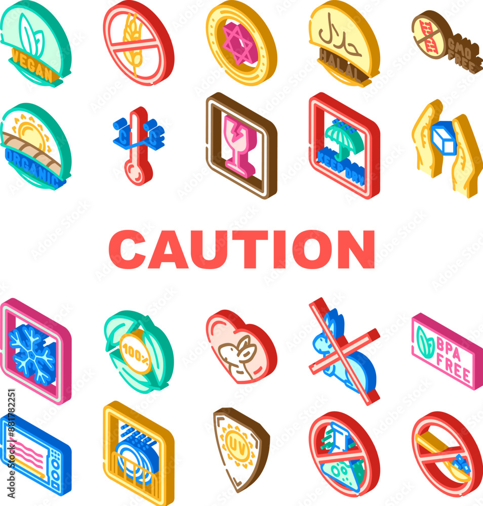 product caution label warning icons set vector. vegan, gluten free, fair trade, temperature sensitive, kosher, halal, gmo free product caution label warning isometric sign illustrations product caution label warning icons set vector. vegan, gluten free, fair trade, temperature sensitive, kosher, halal, gmo free product caution label warning isometric sign illustrations