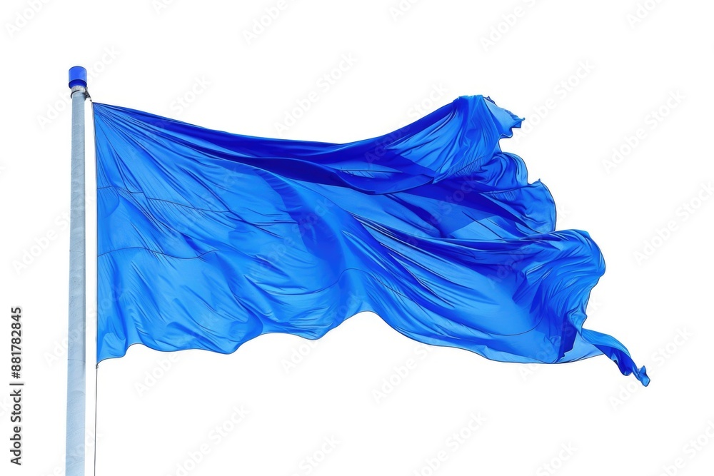 Fototapeta premium Blue Flag on Flagpole. Isolated Blue Flag Flying, Waving in the Air