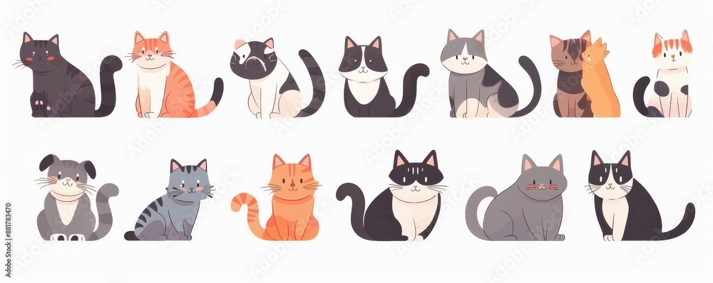 Fototapeta premium Cute doodle set of various cartoon cats in different poses. Illustration.