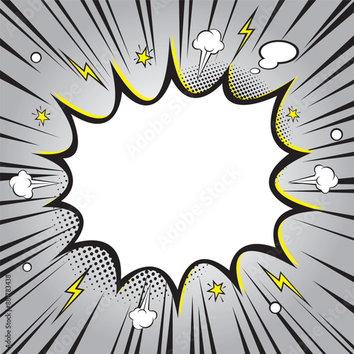 Explosive cartoon representation on a gray background. POP art, cartoon background vector illustration.