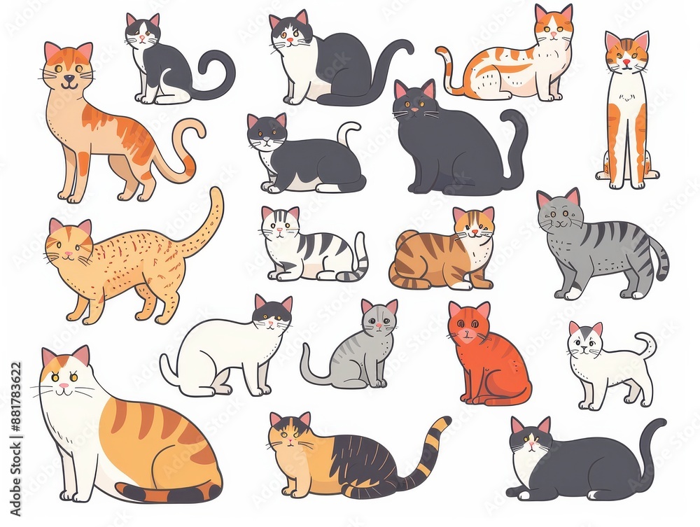 Obraz premium Cute doodle set of various cartoon cats in different poses. Illustration.