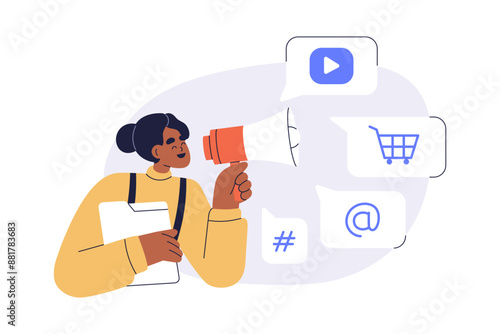 Marketing and digital promotion, advertising, communication, announcement concept. Woman with megaphone promoting brand, influencing with content. Flat vector illustration isolated on white background
