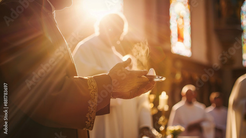 Priest Holding Communion Wafers: Sacred Ritua photo