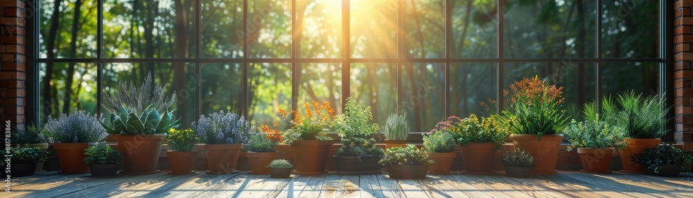 Sunlit indoor garden with diverse potted plants by large window, bathed in warm natural light filtering through the greenery outside. Sunlit indoor garden with diverse potted plants by large window, bathed in warm natural light filtering through the greenery outside.