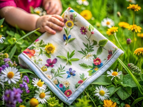 Vibrant blooming flowers and lush greenery surround a handkerchief, with a hint of a child's presence, symbolizing springtime allergies and innocence, with ample copy space. photo