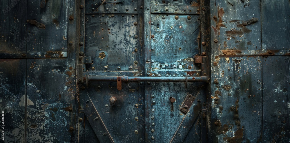 An old rustic metal door set within a dark, abandoned building, evoking a sense of mystery and abandonment in an urban environment. An old rustic metal door set within a dark, abandoned building, evoking a sense of mystery and abandonment in an urban environment.