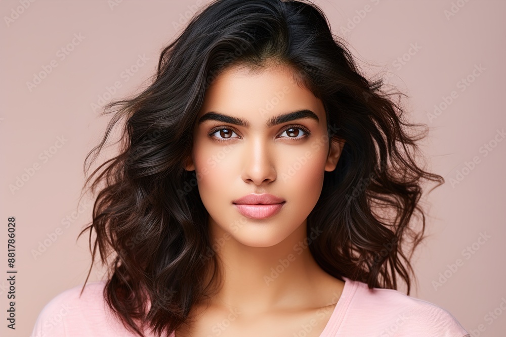 Naklejka premium A woman with long hair and a pink shirt