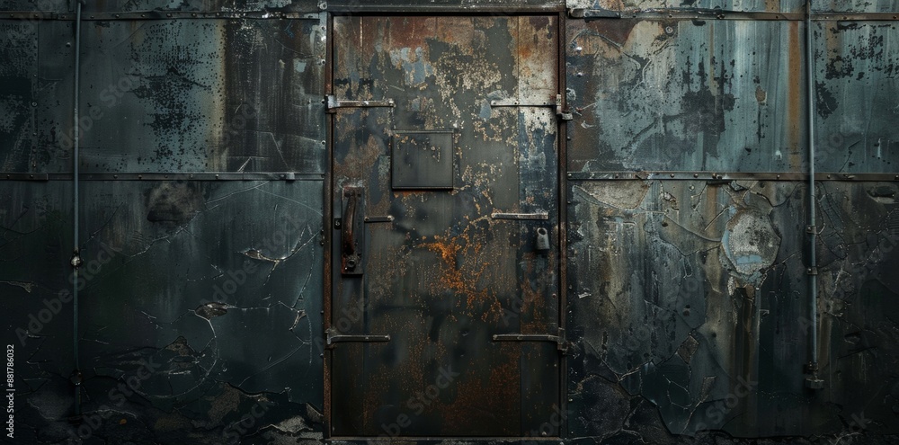 An old rustic metal door set within a dark, abandoned building, evoking a sense of mystery and abandonment in an urban environment. An old rustic metal door set within a dark, abandoned building, evoking a sense of mystery and abandonment in an urban environment.