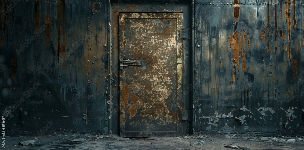 An old rustic metal door set within a dark, abandoned building, evoking a sense of mystery and abandonment in an urban environment. An old rustic metal door set within a dark, abandoned building, evoking a sense of mystery and abandonment in an urban environment.