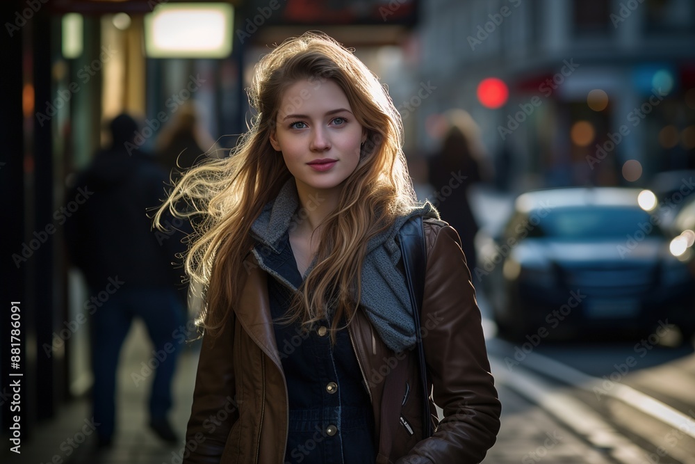 A woman wearing a brown jacket and scarf stands on a city street A woman wearing a brown jacket and scarf stands on a city street