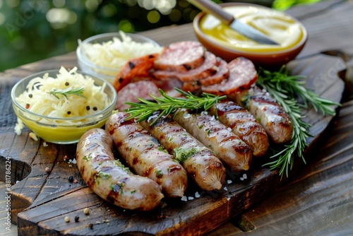 A rustic serving board with freshly grilled Bratwurst, sauerkraut, and a variety of mustards.