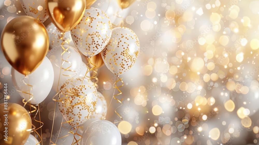 Elegant gold and white balloons with glitter, creating a festive and glamorous celebration atmosphere with sparkling lights in the background. Elegant gold and white balloons with glitter, creating a festive and glamorous celebration atmosphere with sparkling lights in the background.