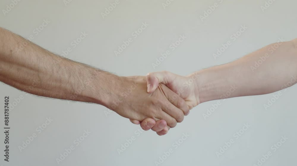 Welcome gesture. Strong male friendly handshake with bare hands on a white background Welcome gesture. Strong male friendly handshake with bare hands on a white background