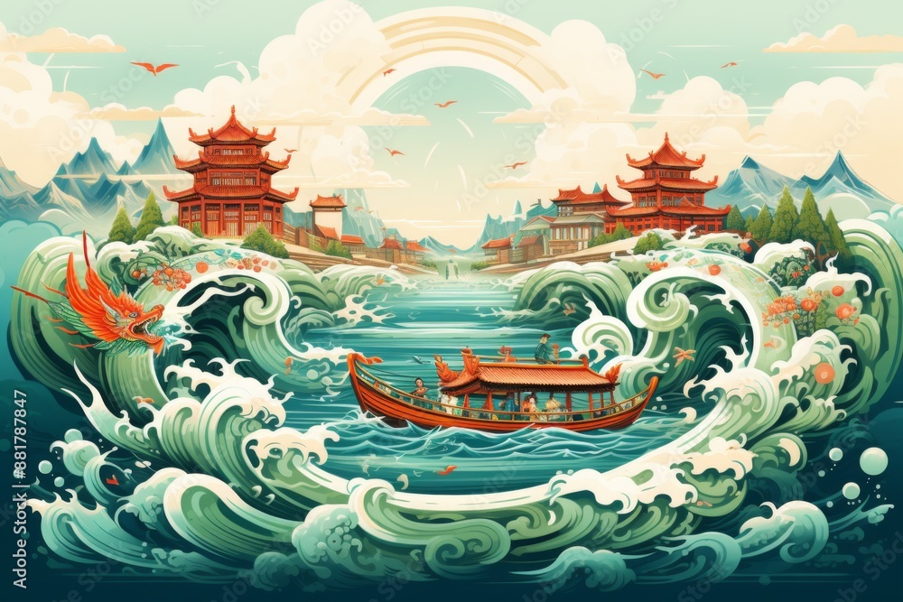 Chinese Traditional Boat Navigating Through Waves Chinese Traditional Boat Navigating Through Waves