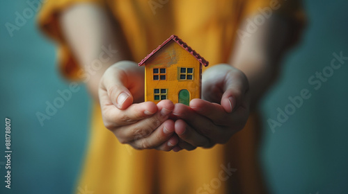 Hands hold a tiny house model, symbolizing affordable housing issues against a light background, contrasting dreams of homeownership with rent, mortgages, and private property.

