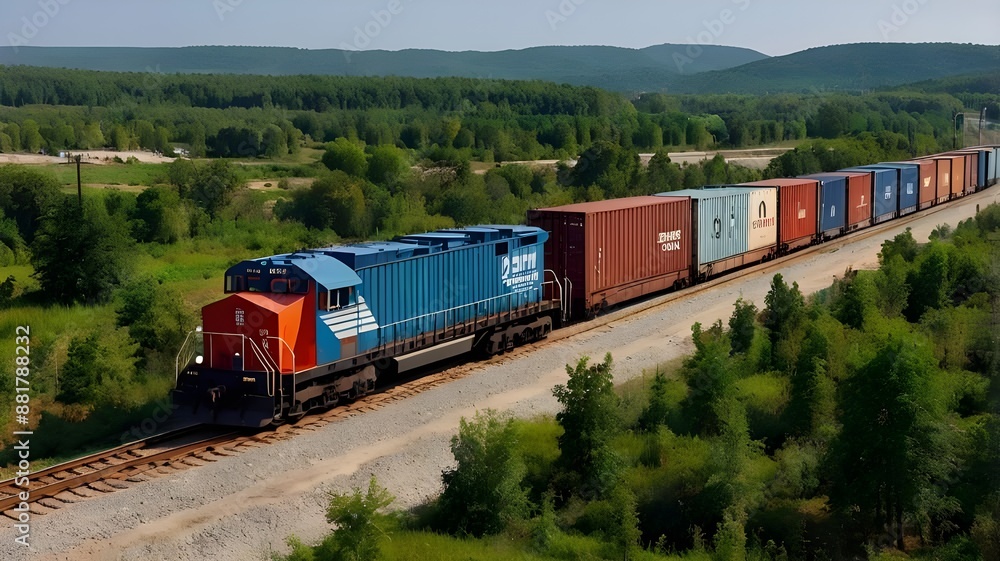 Cargo Train Traveling Through Rural Landscape On Sunny Day. Cargo Train Traveling Through Rural Landscape On Sunny Day.