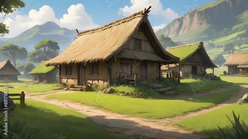 Quaint Village Scene with Rustic Hut and Serene Mountains