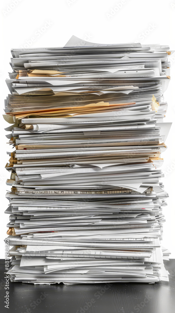 Huge Stack of Office Documents and Papers on Dark Desk, Overwhelming Workload Concept During Busy Business Day, White Background, Cluttered Workplace, Administrative, Employee Stress Huge Stack of Office Documents and Papers on Dark Desk, Overwhelming Workload Concept During Busy Business Day, White Background, Cluttered Workplace, Administrative, Employee Stress