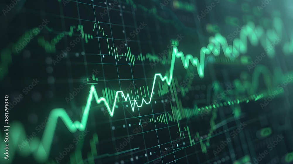 A close-up view of a digital stock market display showing green line graphs indicating financial growth and investment trends. Abstract blur background. A close-up view of a digital stock market display showing green line graphs indicating financial growth and investment trends. Abstract blur background.