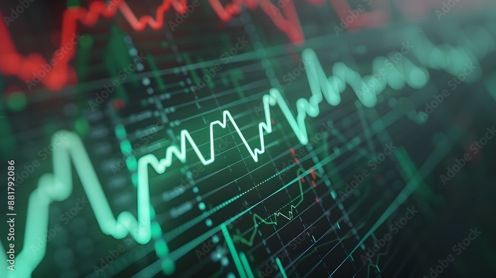 Abstract financial chart with green and red line showing market trends and data analysis, suitable for financial and stock market purposes. Abstract blur background. Abstract financial chart with green and red line showing market trends and data analysis, suitable for financial and stock market purposes. Abstract blur background.
