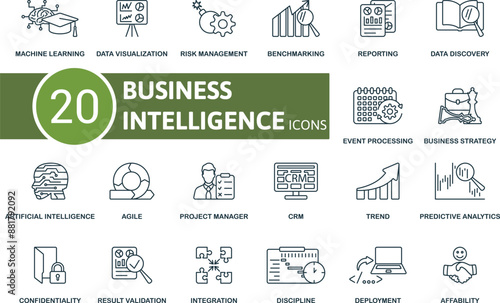 Business Intelligence thin line icon set. Machine Learning, Data Visualization, Risk Management, Benchmarking, Reporting, Data Discovery, Event Processing, Business Strategy, Artificial Intelligence
