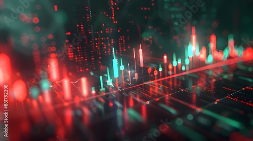 Abstract financial chart with red and green candlesticks representing stock market data, highlighting trends and investment analysis. Abstract blur background.