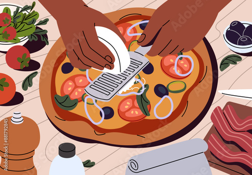 Person prepares homemade pizza with tomato top view. Character cooks eating, food, grates cheese on kitchen worktop. Cooking process of traditional meal of Italian cuisine. Flat vector illustration
