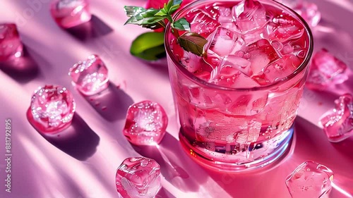 Summer refreshing pink drink with ice. Light pink cocktail of roses on a pink background with bright shadows photo