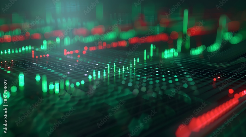 Abstract visualization of stock market data with green and red financial charts representing trading analysis and investment strategies. Abstract visualization of stock market data with green and red financial charts representing trading analysis and investment strategies.