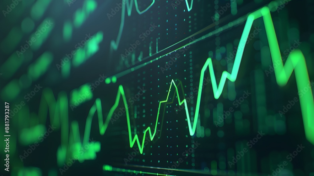 Close-up of a financial chart depicting stock market trends with fluctuating graph lines on a digital screen in green tones. Abstract blur background. Close-up of a financial chart depicting stock market trends with fluctuating graph lines on a digital screen in green tones. Abstract blur background.