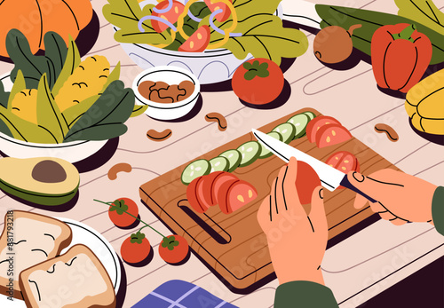 Hands cut tomatoes with knife on wooden board top view. Person prepares vegetable salad. Character cooks healthy food on kitchen worktop. Cooking process of vegetarian meal. Flat vector illustration