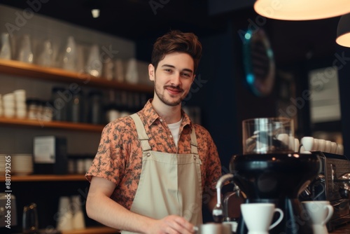 male portrait of a happy barista standing at the cafe counter. man working in the restaurant with a cup of coffee. © alisaaa