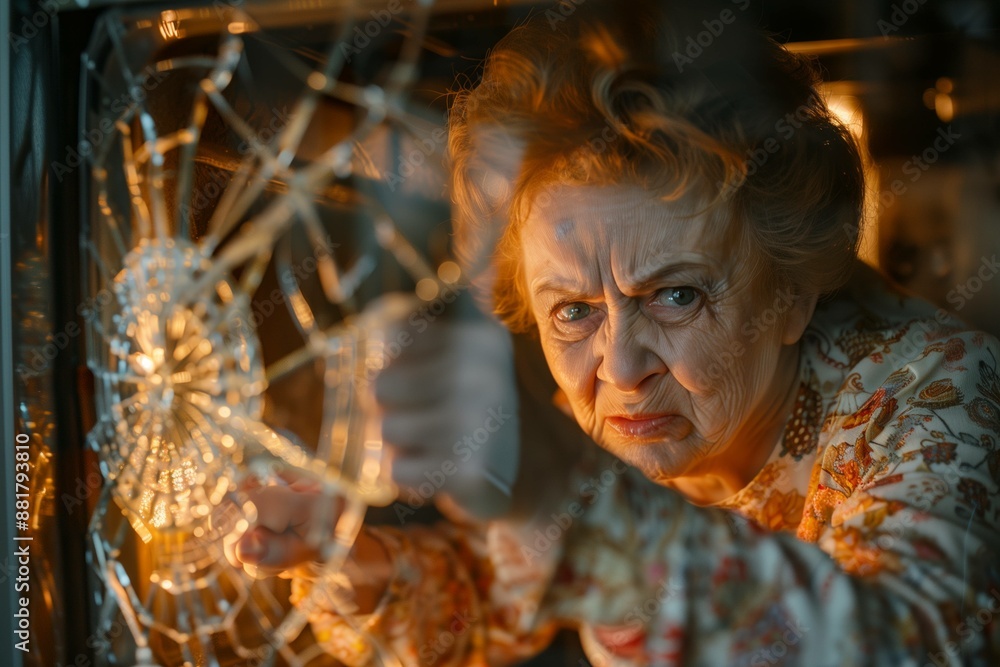 Fototapeta premium Mature angry woman breaks glass in oven with fist in kitchen cooking. angry grandmother shaking her rolling pin. Flour all over her face.