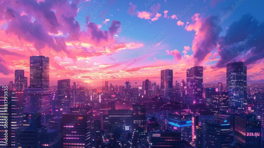 Fototapeta premium Cityscape at Sunset with Vibrant Pink Clouds
