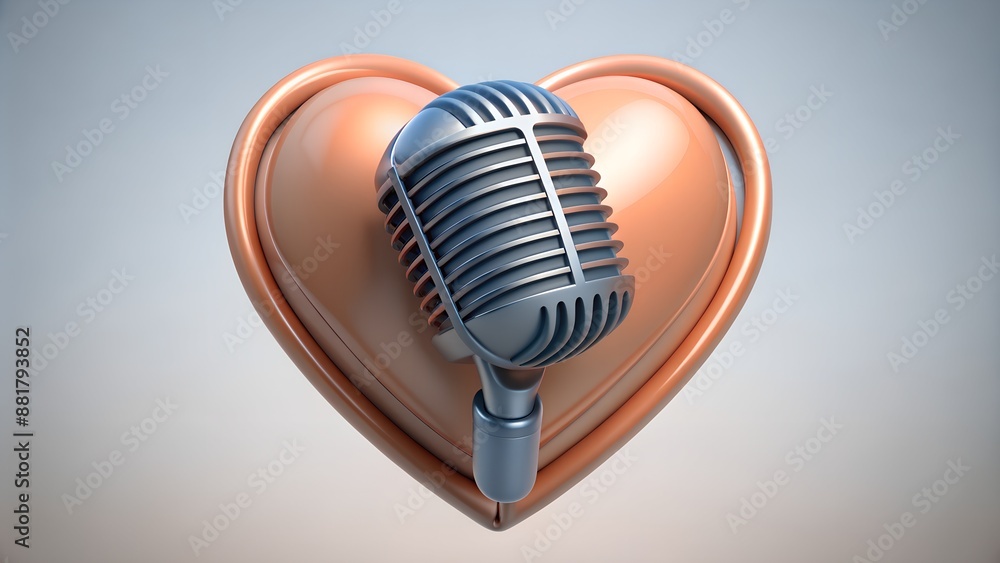Heart-shaped microphone on white background symbolizing love for music, communication voice media broadcasting Heart-shaped microphone on white background symbolizing love for music, communication voice media broadcasting