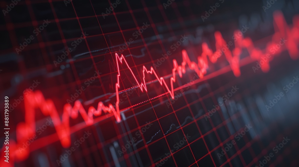 Close-up of a red heartbeat waveform on a dark grid background, representing heart health, medical technology, and cardiovascular monitoring. Abstract blur background. Close-up of a red heartbeat waveform on a dark grid background, representing heart health, medical technology, and cardiovascular monitoring. Abstract blur background.
