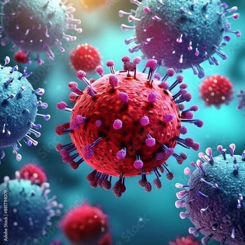 Microscopic enlargement of red virus - respitory virus outbreak - floating cells in body - virus shaped as covid, influenza, sars, corona, hiv, mers, cholera, variola, measles - disease organisms photo