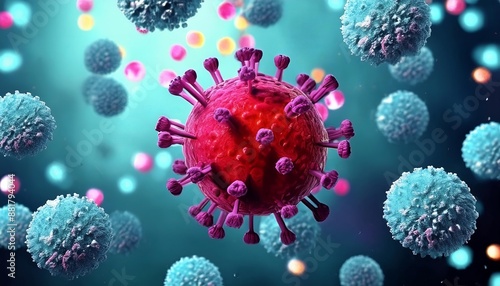 Microscopic enlargement of red virus - respitory virus outbreak - floating cells in body - virus shaped as covid, influenza, sars, corona, hiv, mers, cholera, variola, measles - disease organisms