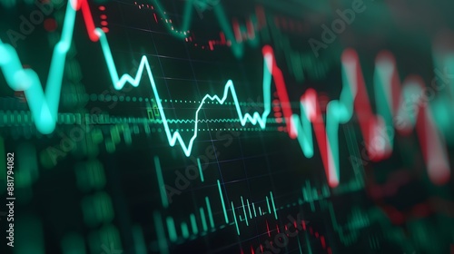 Close-up of a stock market graph showing volatile price movements with green and red bars representing gains and losses. Abstract blur background. photo