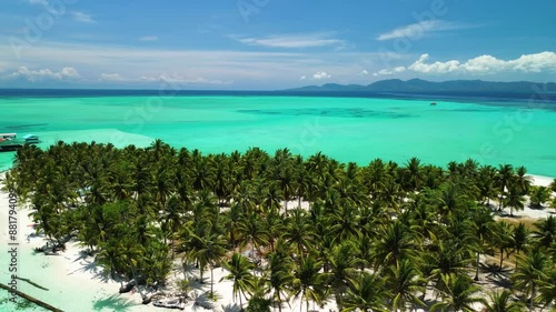 The drone circles over Onok Island, providing a breathtaking view of dense palm groves, white sandy shores, and transparent turquoise waters, symbolizing a tropical idyll. photo