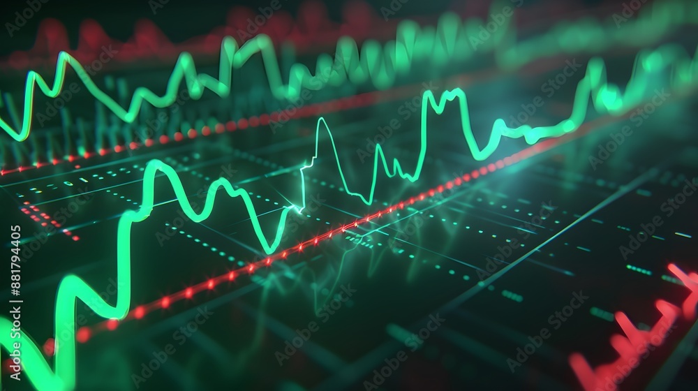 Fototapeta premium Close-up of stock market graph, financial data, green and red lines, economic trends, and investment analysis concept. Abstract blur background.