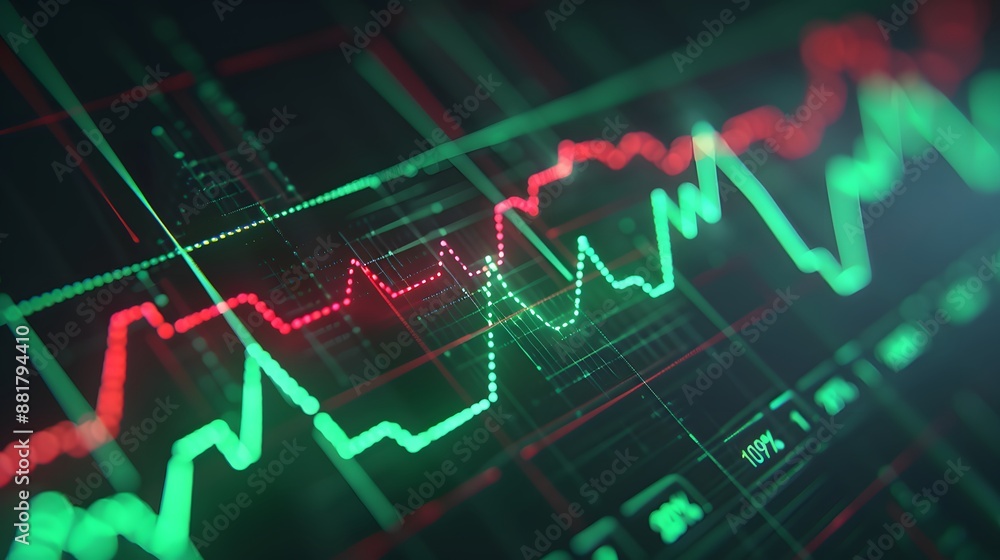 Close-up of stock market trading chart with red and green candlesticks highlighting financial market trends and data analysis. Abstract blur background. Close-up of stock market trading chart with red and green candlesticks highlighting financial market trends and data analysis. Abstract blur background.