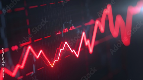 Close-up view of a red line graph on a dark background, representing data analysis, financial trends, or stock market fluctuations. Abstract blur background.