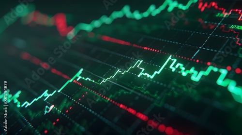 Detailed stock market graph showing fluctuating trends in green and red lines, perfect for finance and investment themes. Abstract blur background.