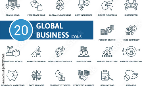 Global Business thin line icon set. Franchising, Free Trade Zone, Global Engagement, Cost Insurance, Direct Exporting, Distributor, Foreign Branch, Hard Currency, Industrial Goods, Market Potential