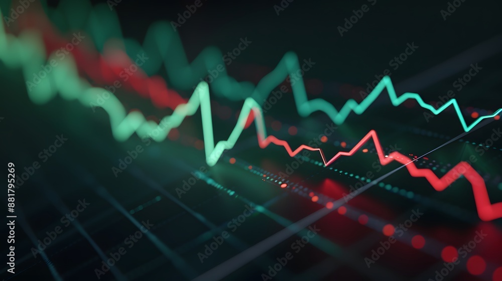 Fototapeta premium Digital stock market trading graph showing data trends and pricing fluctuations, ideal for financial analysis and investment presentations. Abstract blur background.