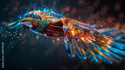 A vibrant, futuristic parrot with neon digital effects mid-flight. Perfect for tech, nature, and fantasy themes.